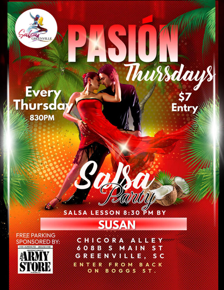 Salsa Pasion Thursday Chicora Allery Greenville SC Salsa and Bachata dance class and social dancing 2023 2024